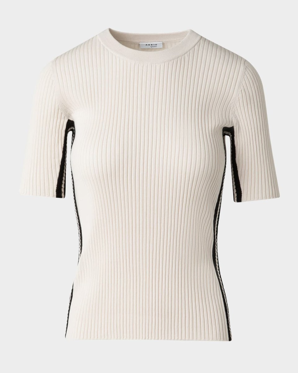 Crochet Stripe Rib Knit Short Sleeve Sweater